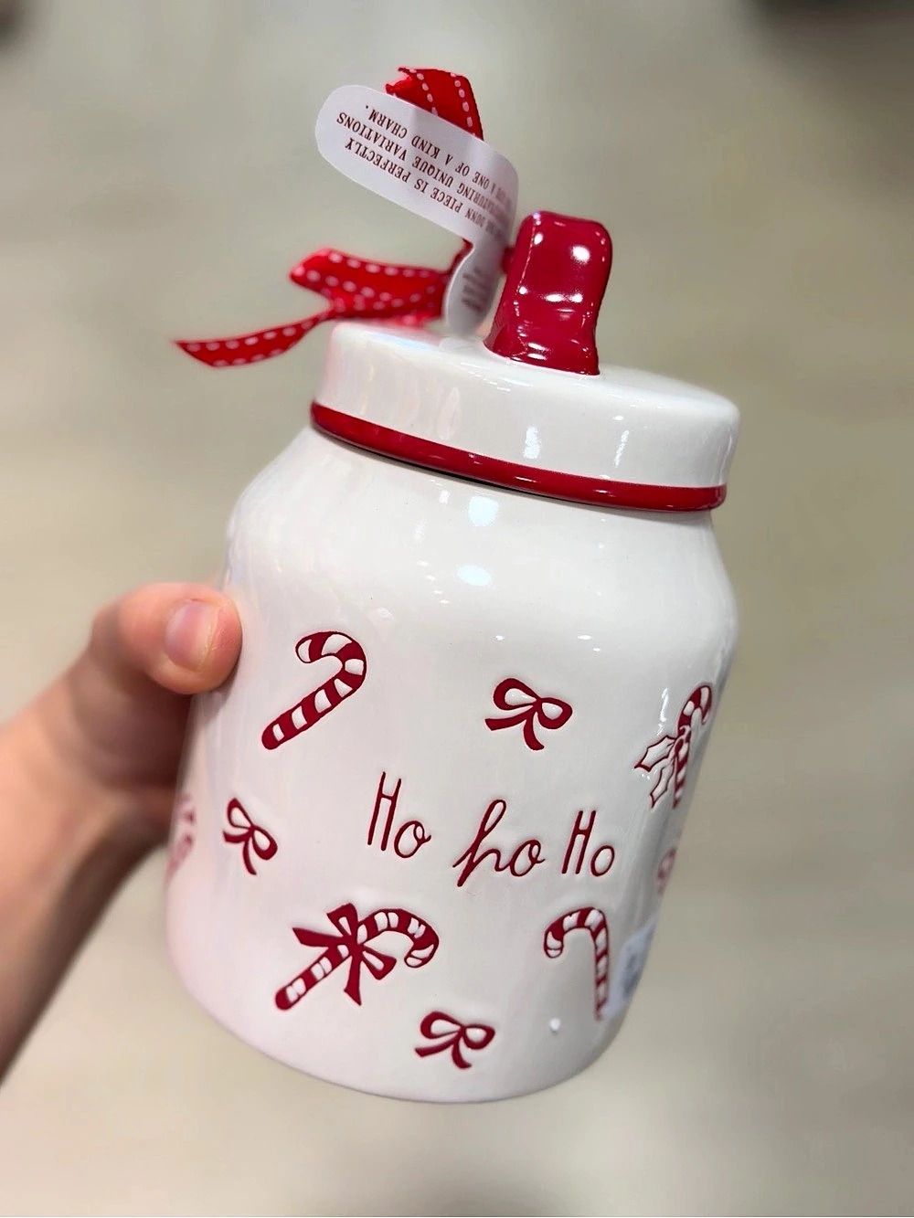 Rae Dunn Ho Candy Cane Canister White & Red